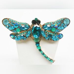 KENNETH JAY LANE DRAGONFLY *signed* Ocean Blue Pendant and Brooch With Chain
